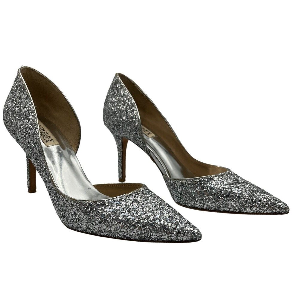 Badgley Mischka Daisy II Heels Women's 6 Silver Glitter Pointed Toe Stiletto